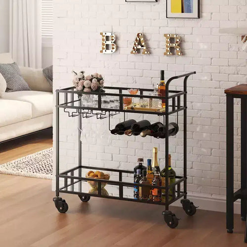 2 Tier Rolling Wine Bar Cart, Small Alcohol Liquor Cart with Mirrored Shelves, Wine Racks & Glass Holder, Compact for Living Room Party, Silver