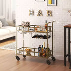 Chariot de bar à roulettes à 2 niveaux, petit chariot à alcool avec étagères en miroir, porte-bouteilles et porte-verres, compact pour les fêtes dans le salon, argenté