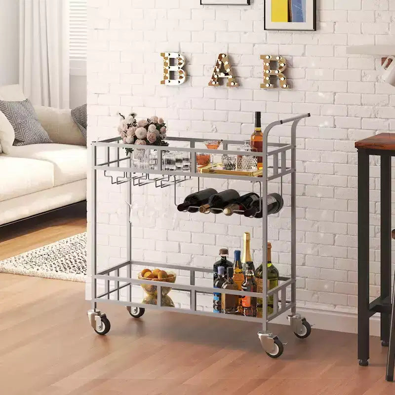Chariot de bar à roulettes à 2 niveaux, petit chariot à alcool avec étagères en miroir, porte-bouteilles et porte-verres, compact pour les fêtes dans le salon, argenté