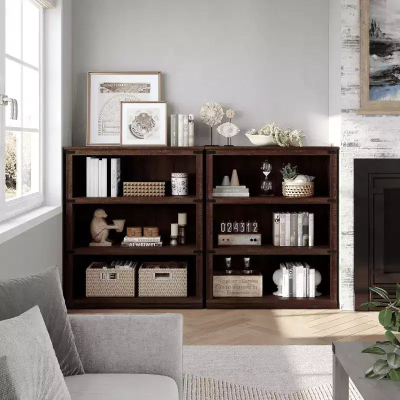 Bibliothèque de ferme à 3 niveaux avec rangement, étagère basse en bois à 3 niveaux pour le bureau, le salon, la chambre