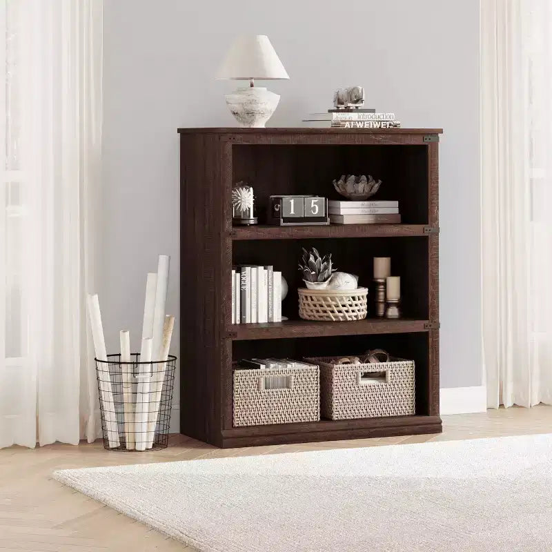 Bibliothèque de ferme à 3 niveaux avec rangement, étagère basse en bois à 3 niveaux pour le bureau, le salon, la chambre