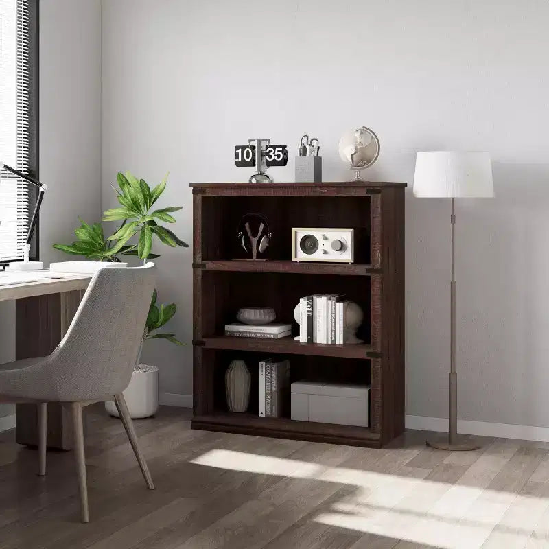 Bibliothèque de ferme à 3 niveaux avec rangement, étagère basse en bois à 3 niveaux pour le bureau, le salon, la chambre