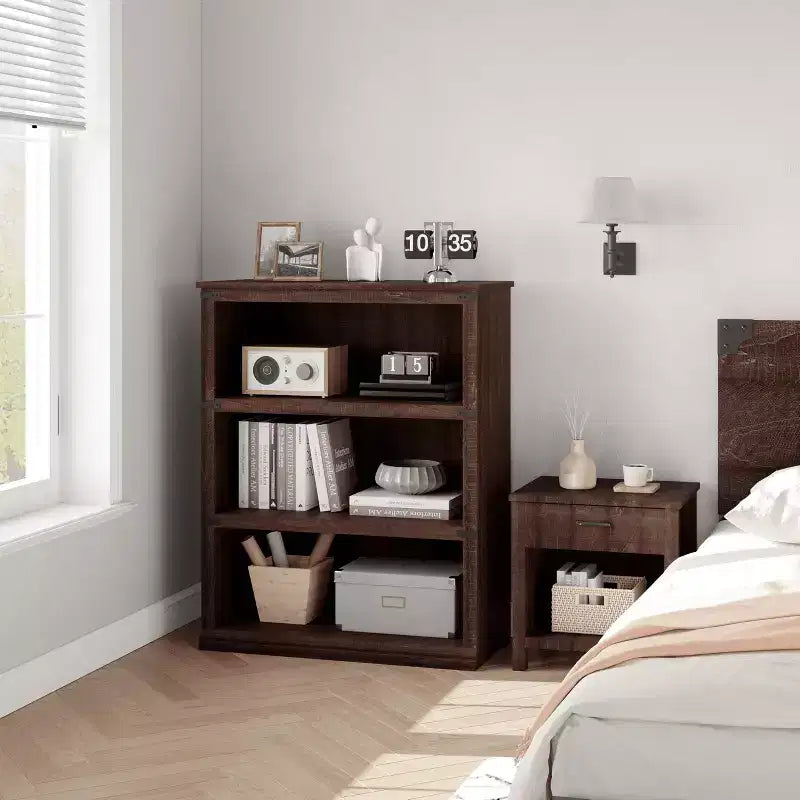 Bibliothèque de ferme à 3 niveaux avec rangement, étagère basse en bois à 3 niveaux pour le bureau, le salon, la chambre