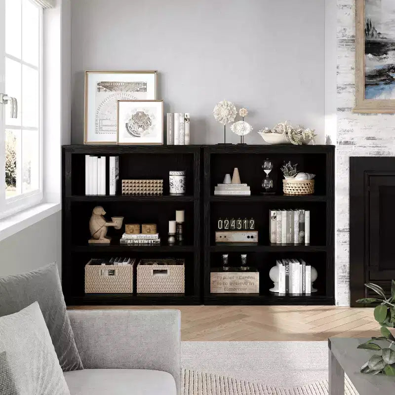 Bibliothèque de ferme à 3 niveaux avec rangement, étagère basse en bois à 3 niveaux pour le bureau, le salon, la chambre