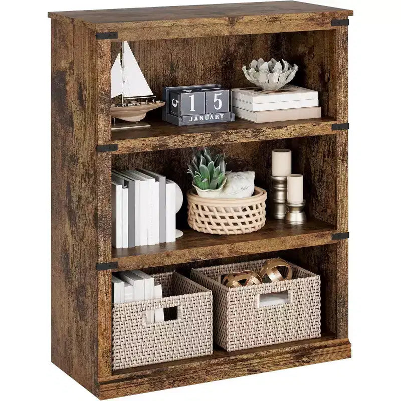 Bibliothèque de ferme à 3 niveaux avec rangement, étagère basse en bois à 3 niveaux pour le bureau, le salon, la chambre