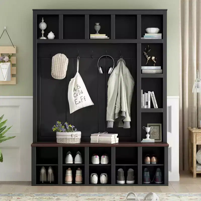 Porte-manteau, Tabouret de rangement pratique en noyer, Meuble à chaussures d'entrée 4 en 1 avec 13 compartiments de rangement, Convient pour le hall d'entrée