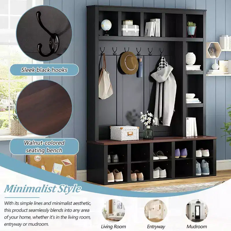 Porte-manteau, Tabouret de rangement pratique en noyer, Meuble à chaussures d'entrée 4 en 1 avec 13 compartiments de rangement, Convient pour le hall d'entrée