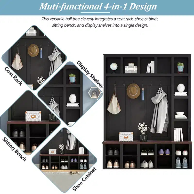 Porte-manteau, Tabouret de rangement pratique en noyer, Meuble à chaussures d'entrée 4 en 1 avec 13 compartiments de rangement, Convient pour le hall d'entrée