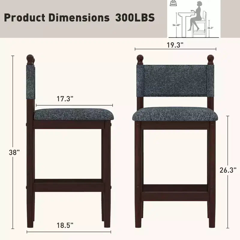 Tabourets de bar rembourrés Bestier avec dossier en tissu, cadre en bois et pieds robustes, lot de 2