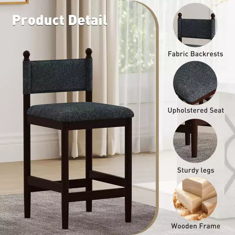 Tabourets de bar rembourrés Bestier avec dossier en tissu, cadre en bois et pieds robustes, lot de 2