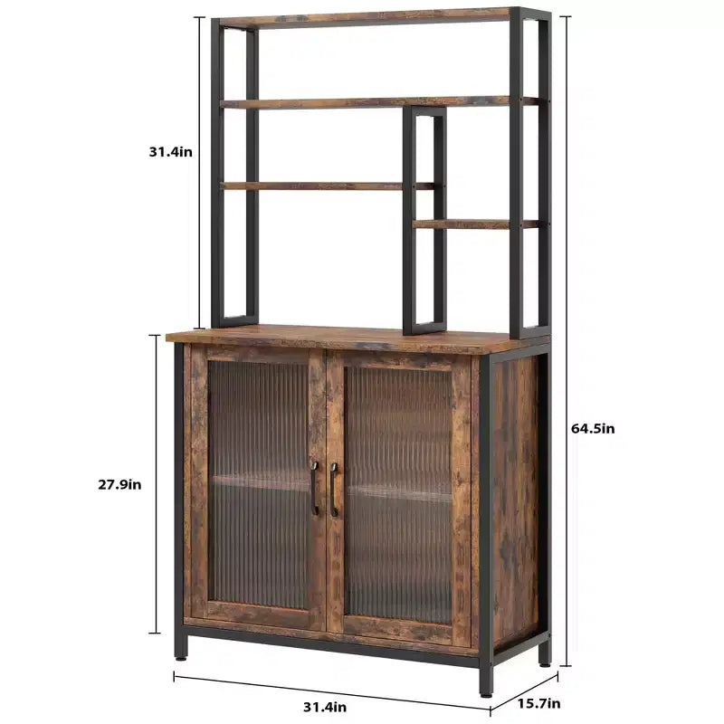 Étagère de boulanger à 5 niveaux vintage avec armoire et support à micro-ondes, étagère de rangement de cuisine de 162 cm avec crochets et porte, grande station de café