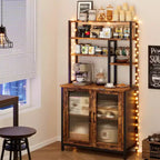 Étagère de boulanger à 5 niveaux vintage avec armoire et support à micro-ondes, étagère de rangement de cuisine de 162 cm avec crochets et porte, grande station de café