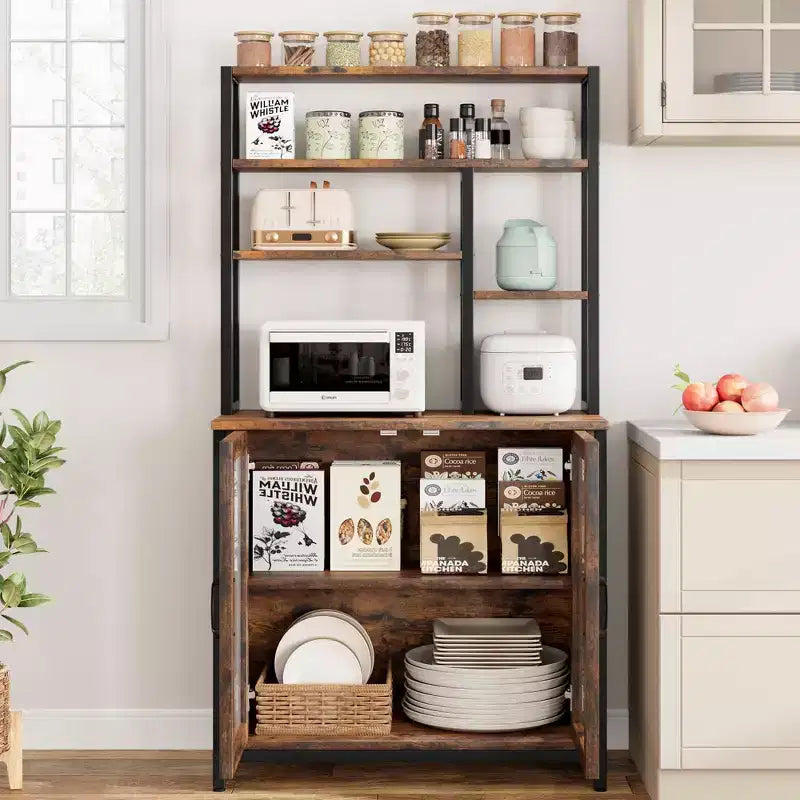 Étagère de boulanger à 5 niveaux vintage avec armoire et support à micro-ondes, étagère de rangement de cuisine de 162 cm avec crochets et porte, grande station de café