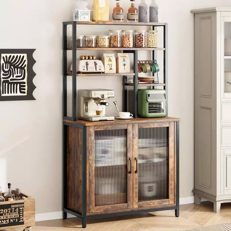 Étagère de boulanger à 5 niveaux vintage avec armoire et support à micro-ondes, étagère de rangement de cuisine de 162 cm avec crochets et porte, grande station de café