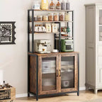 Étagère de boulanger à 5 niveaux vintage avec armoire et support à micro-ondes, étagère de rangement de cuisine de 162 cm avec crochets et porte, grande station de café