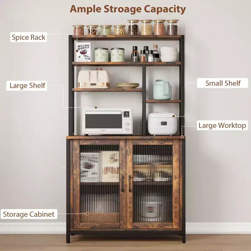 Étagère de boulanger à 5 niveaux vintage avec armoire et support à micro-ondes, étagère de rangement de cuisine de 162 cm avec crochets et porte, grande station de café
