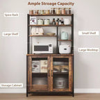 Étagère de boulanger à 5 niveaux vintage avec armoire et support à micro-ondes, étagère de rangement de cuisine de 162 cm avec crochets et porte, grande station de café
