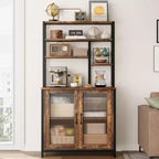 Étagère de boulanger à 5 niveaux vintage avec armoire et support à micro-ondes, étagère de rangement de cuisine de 162 cm avec crochets et porte, grande station de café