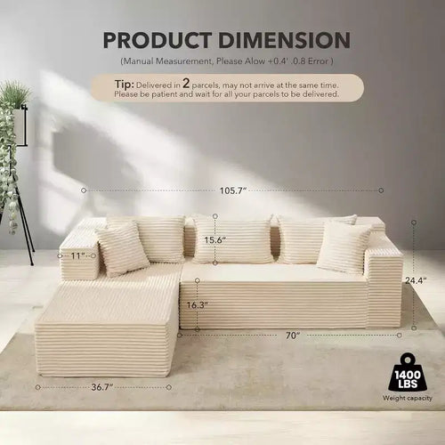 Canapé sectionnel en L de 269 cm, canapé modulaire moderne avec méridienne, meuble rembourré à assise profonde pour salon