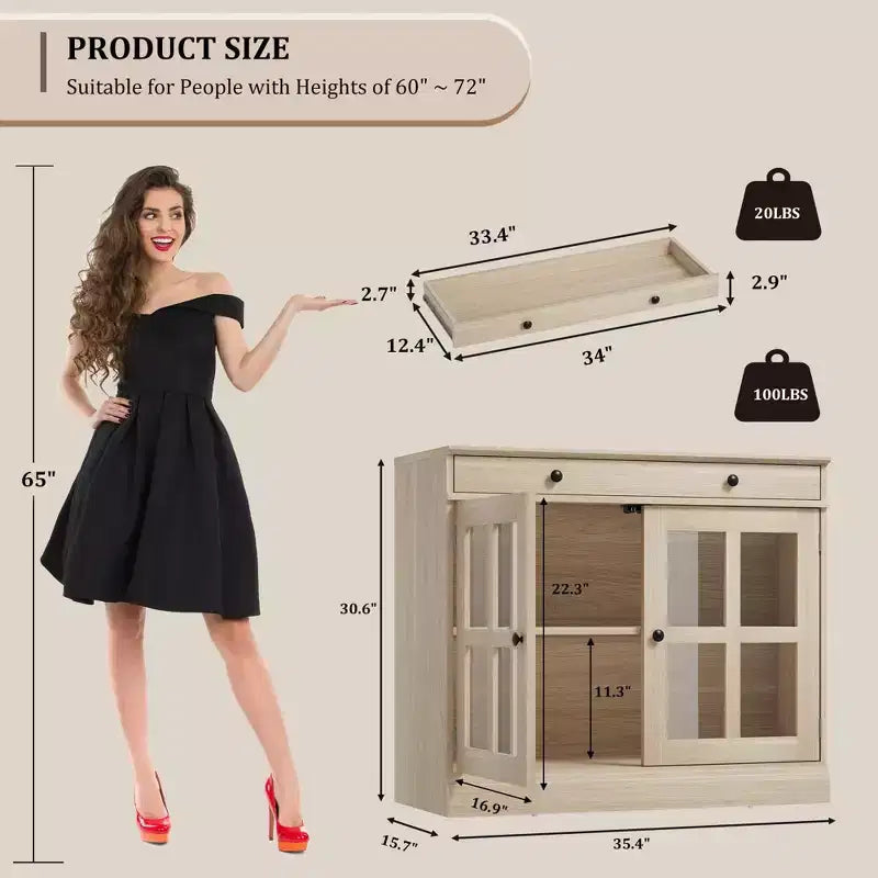 Buffet moderne de 35,4 po avec portes en verre, rangement et tiroirs - Solution de rangement polyvalente pour salle à manger et cuisine
