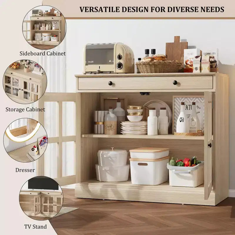 Buffet moderne de 35,4 po avec portes en verre, rangement et tiroirs - Solution de rangement polyvalente pour salle à manger et cuisine
