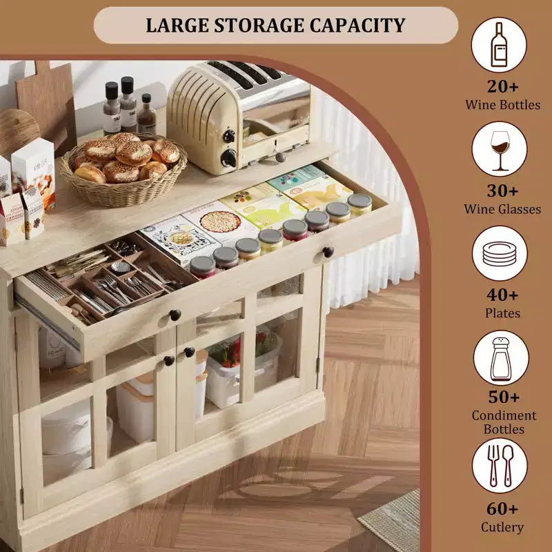 Buffet moderne de 35,4 po avec portes en verre, rangement et tiroirs - Solution de rangement polyvalente pour salle à manger et cuisine