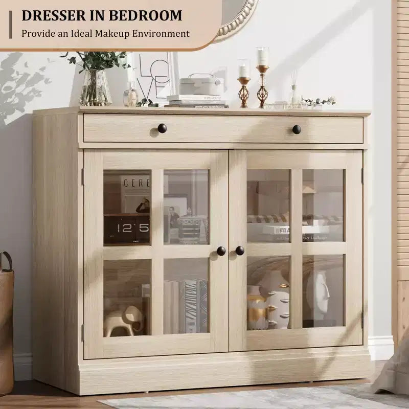 Buffet moderne de 35,4 po avec portes en verre, rangement et tiroirs - Solution de rangement polyvalente pour salle à manger et cuisine