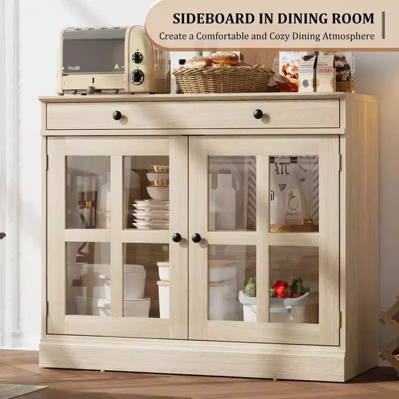 Buffet moderne de 35,4 po avec portes en verre, rangement et tiroirs - Solution de rangement polyvalente pour salle à manger et cuisine