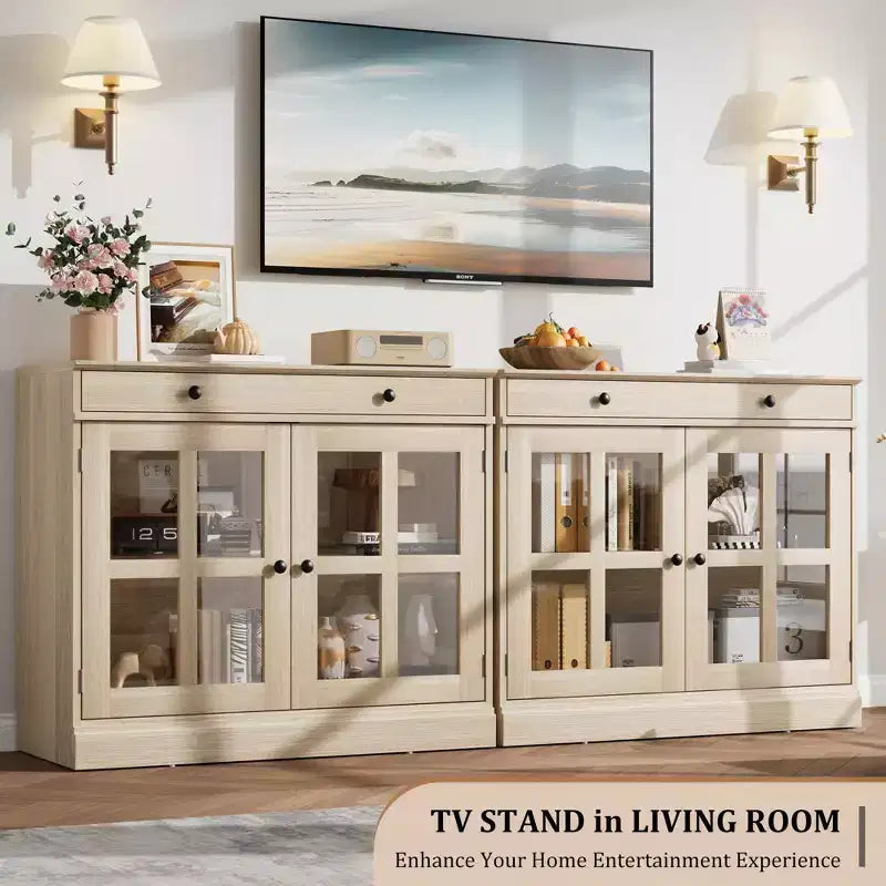 Buffet moderne de 35,4 po avec portes en verre, rangement et tiroirs - Solution de rangement polyvalente pour salle à manger et cuisine