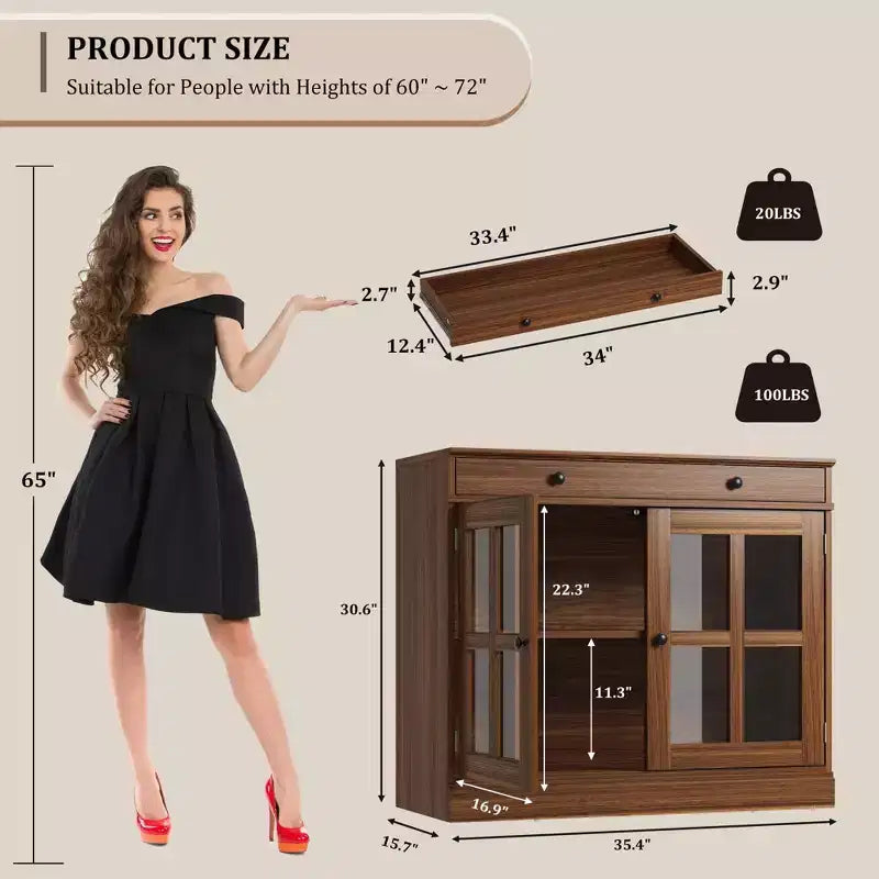 Buffet moderne de 35,4 po avec portes en verre, rangement et tiroirs - Solution de rangement polyvalente pour salle à manger et cuisine