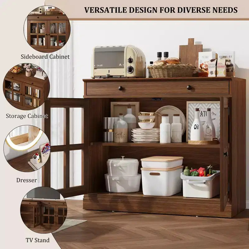 Buffet moderne de 35,4 po avec portes en verre, rangement et tiroirs - Solution de rangement polyvalente pour salle à manger et cuisine