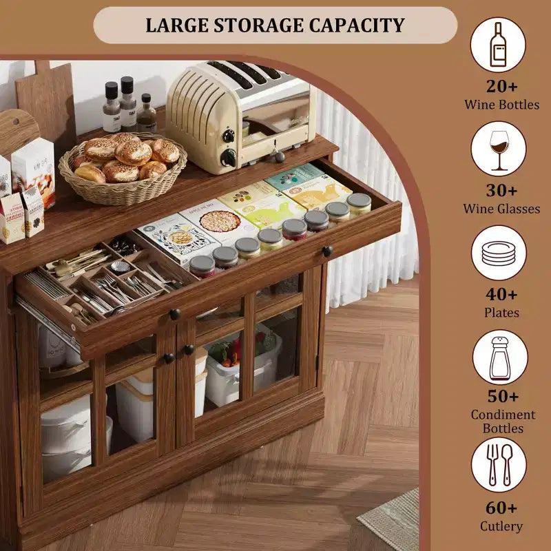 Buffet moderne de 35,4 po avec portes en verre, rangement et tiroirs - Solution de rangement polyvalente pour salle à manger et cuisine