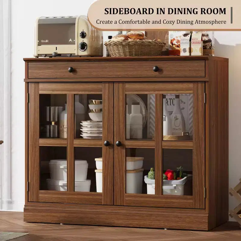 Buffet moderne de 35,4 po avec portes en verre, rangement et tiroirs - Solution de rangement polyvalente pour salle à manger et cuisine