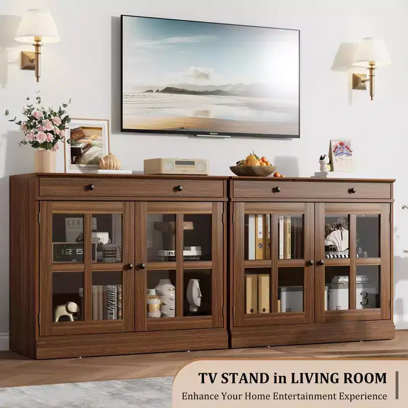 Buffet moderne de 35,4 po avec portes en verre, rangement et tiroirs - Solution de rangement polyvalente pour salle à manger et cuisine