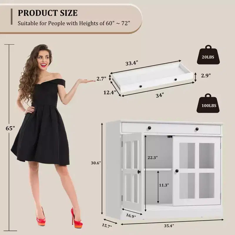 Buffet moderne de 35,4 po avec portes en verre, rangement et tiroirs - Solution de rangement polyvalente pour salle à manger et cuisine