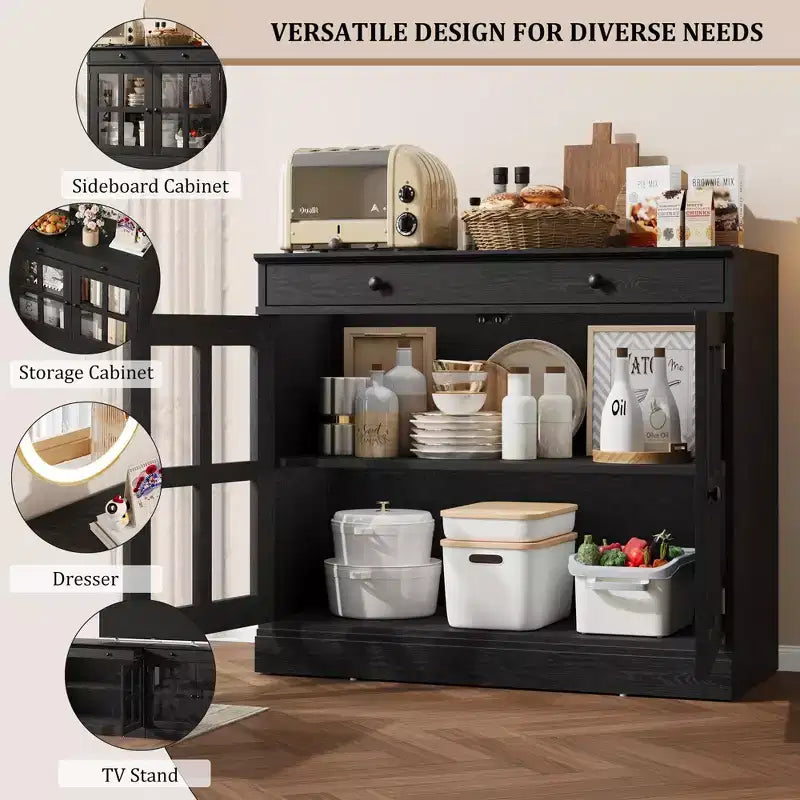 Buffet moderne de 35,4 po avec portes en verre, rangement et tiroirs - Solution de rangement polyvalente pour salle à manger et cuisine