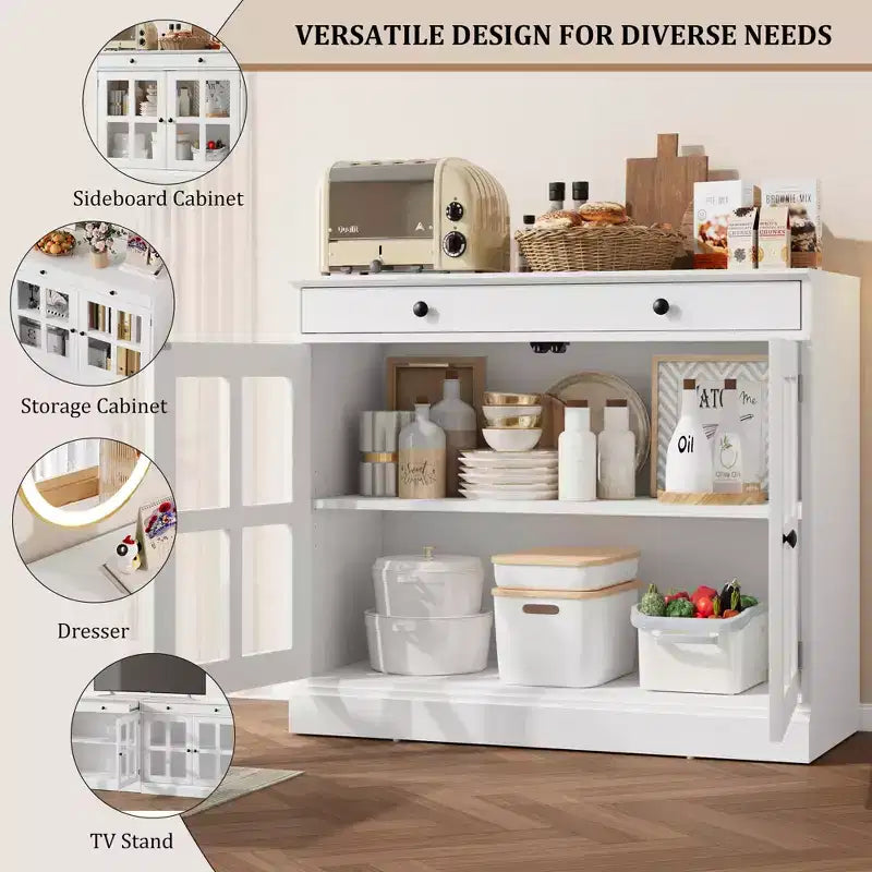 Buffet moderne de 35,4 po avec portes en verre, rangement et tiroirs - Solution de rangement polyvalente pour salle à manger et cuisine