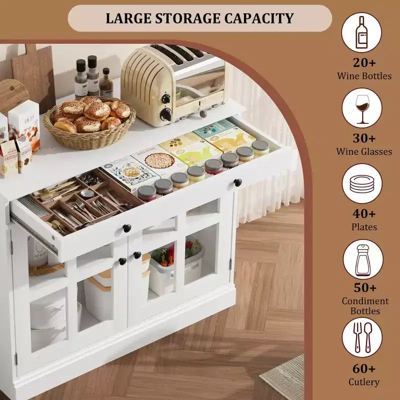 Buffet moderne de 35,4 po avec portes en verre, rangement et tiroirs - Solution de rangement polyvalente pour salle à manger et cuisine