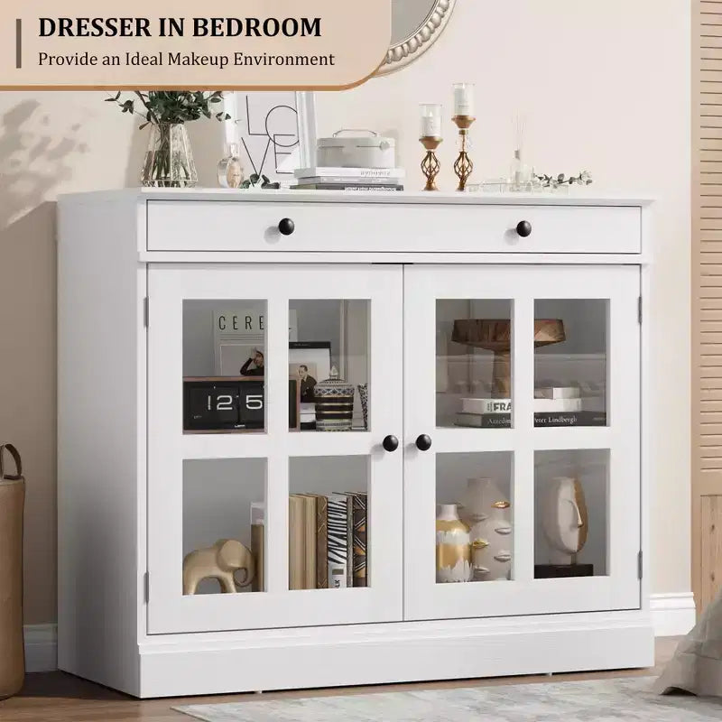 Buffet moderne de 35,4 po avec portes en verre, rangement et tiroirs - Solution de rangement polyvalente pour salle à manger et cuisine