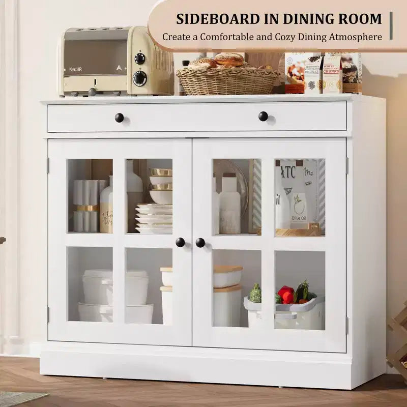 Buffet moderne de 35,4 po avec portes en verre, rangement et tiroirs - Solution de rangement polyvalente pour salle à manger et cuisine