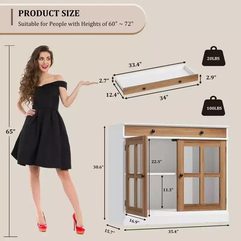 Buffet moderne de 35,4 po avec portes en verre, rangement et tiroirs - Solution de rangement polyvalente pour salle à manger et cuisine
