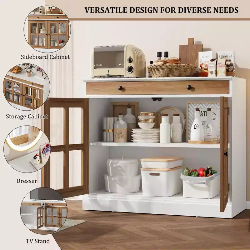 Buffet moderne de 35,4 po avec portes en verre, rangement et tiroirs - Solution de rangement polyvalente pour salle à manger et cuisine