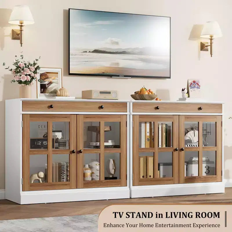 Buffet moderne de 35,4 po avec portes en verre, rangement et tiroirs - Solution de rangement polyvalente pour salle à manger et cuisine