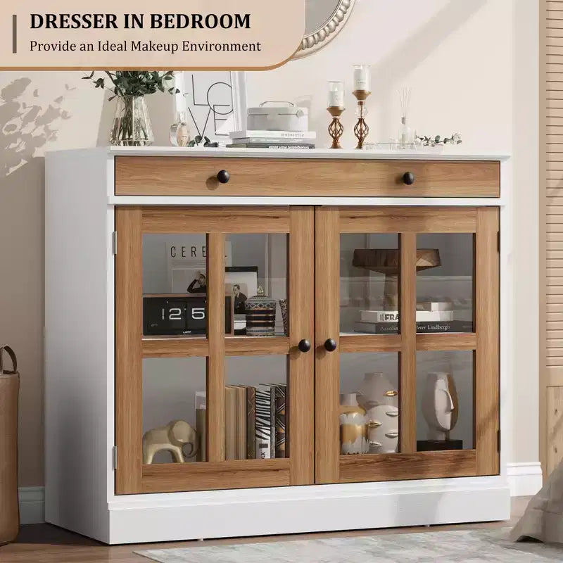 Buffet moderne de 35,4 po avec portes en verre, rangement et tiroirs - Solution de rangement polyvalente pour salle à manger et cuisine