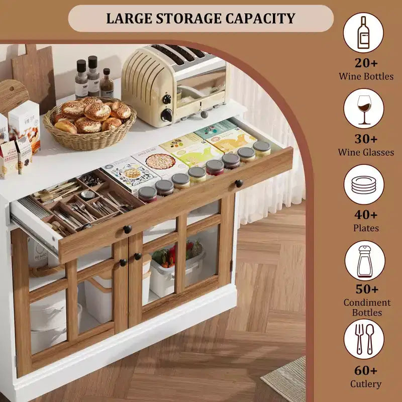 Buffet moderne de 35,4 po avec portes en verre, rangement et tiroirs - Solution de rangement polyvalente pour salle à manger et cuisine