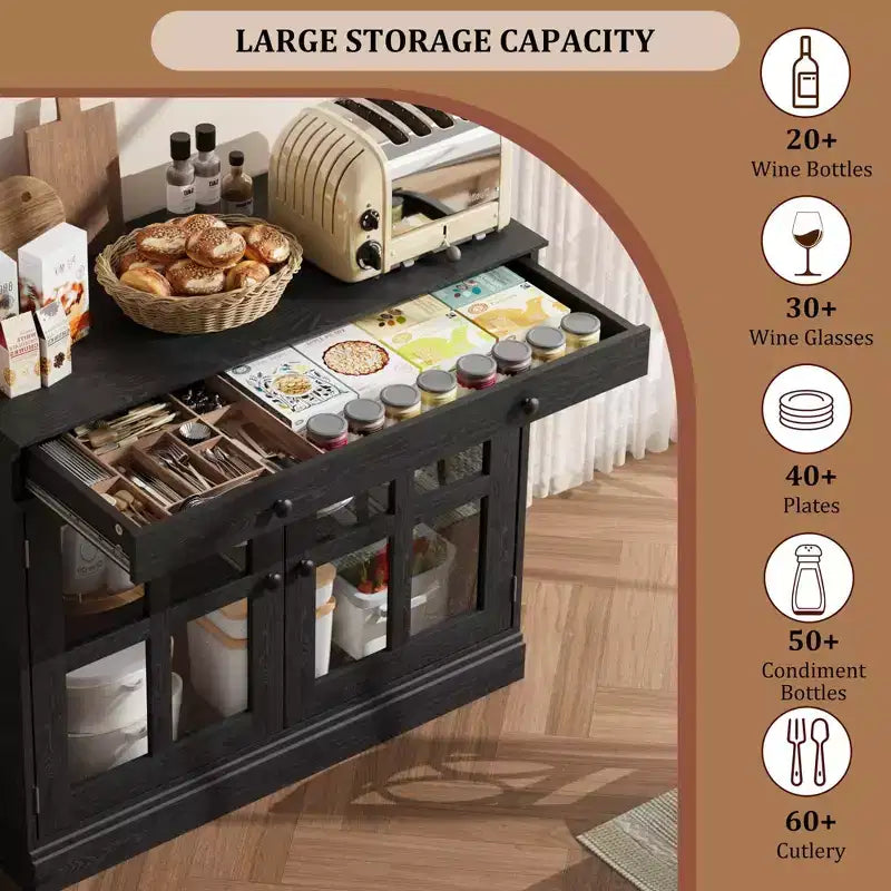 Buffet moderne de 35,4 po avec portes en verre, rangement et tiroirs - Solution de rangement polyvalente pour salle à manger et cuisine