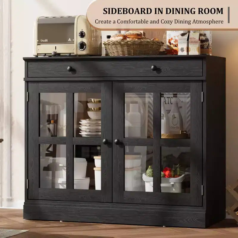 Buffet moderne de 35,4 po avec portes en verre, rangement et tiroirs - Solution de rangement polyvalente pour salle à manger et cuisine