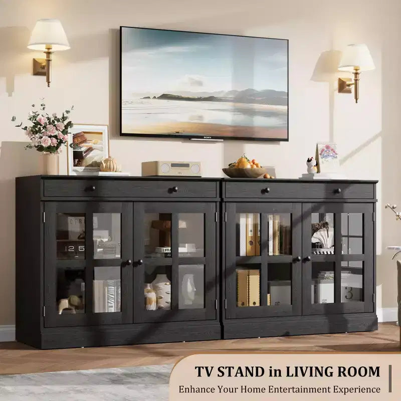 Buffet moderne de 35,4 po avec portes en verre, rangement et tiroirs - Solution de rangement polyvalente pour salle à manger et cuisine