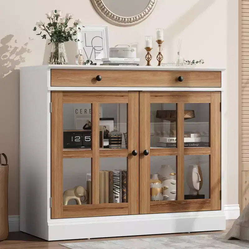 Buffet moderne de 35,4 po avec portes en verre, rangement et tiroirs - Solution de rangement polyvalente pour salle à manger et cuisine