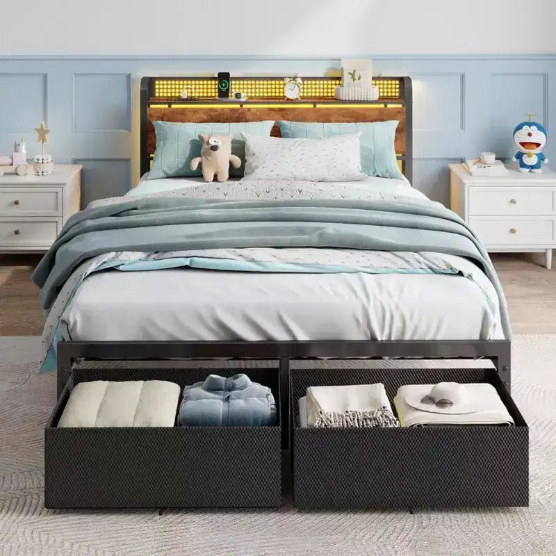 Queen Platform Bed Frame with 2 Storage Drawers Bookcase Headboard Charging Station LED Lights Metal Support No Box Spring